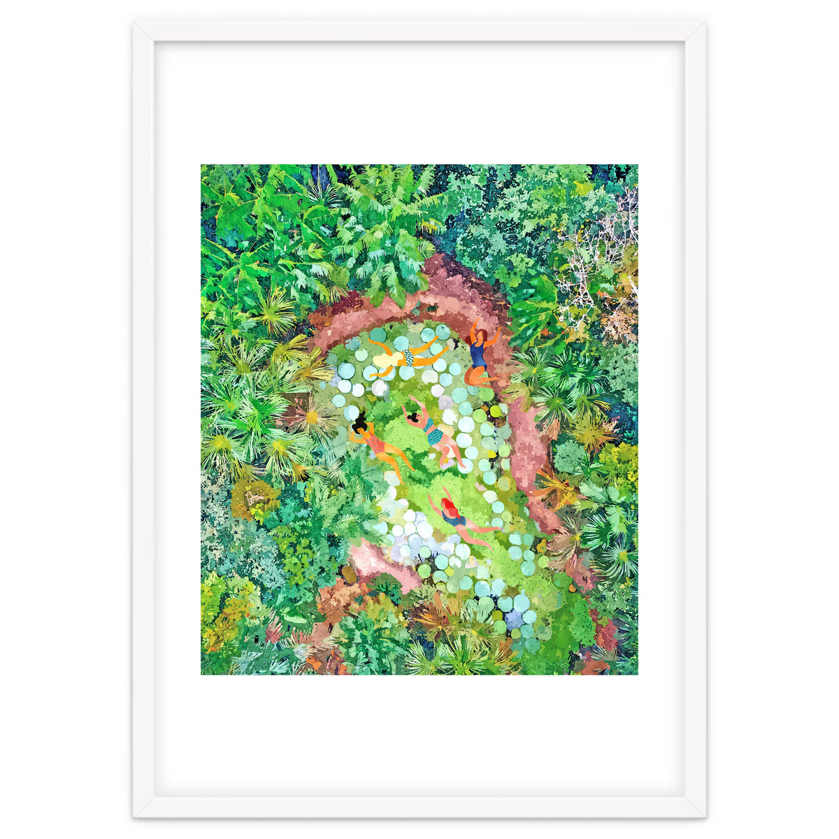 Tropical Vacay | Rainforest Jungle Botanical Lush Nature | Summer Lake People Swim | Boho Painting