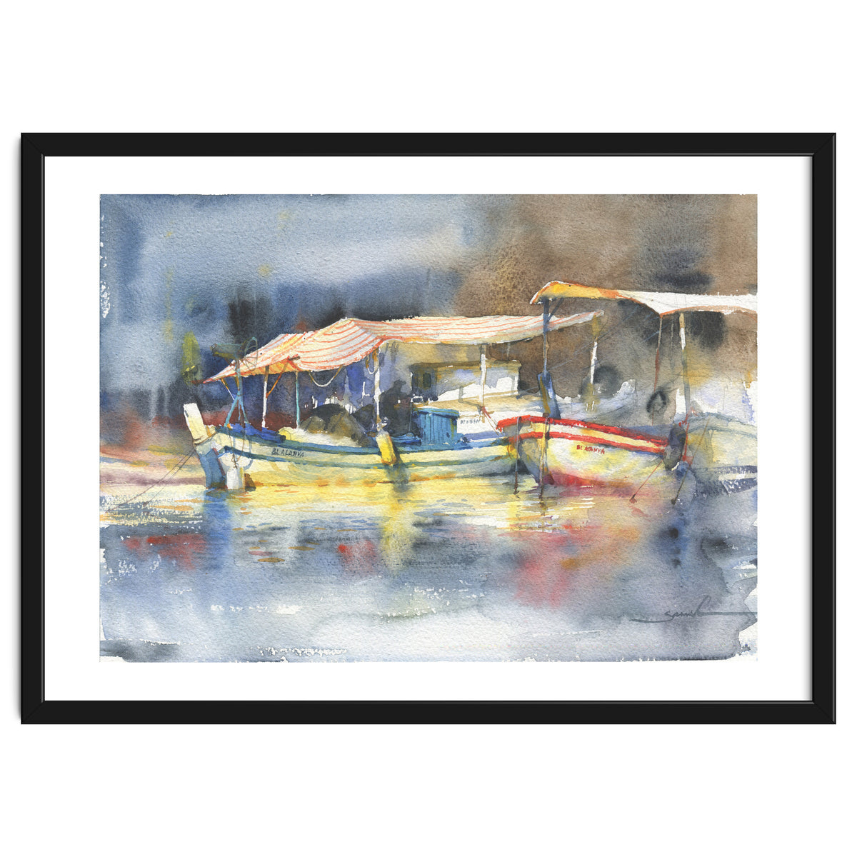 Yachts in the port. Watercolor art