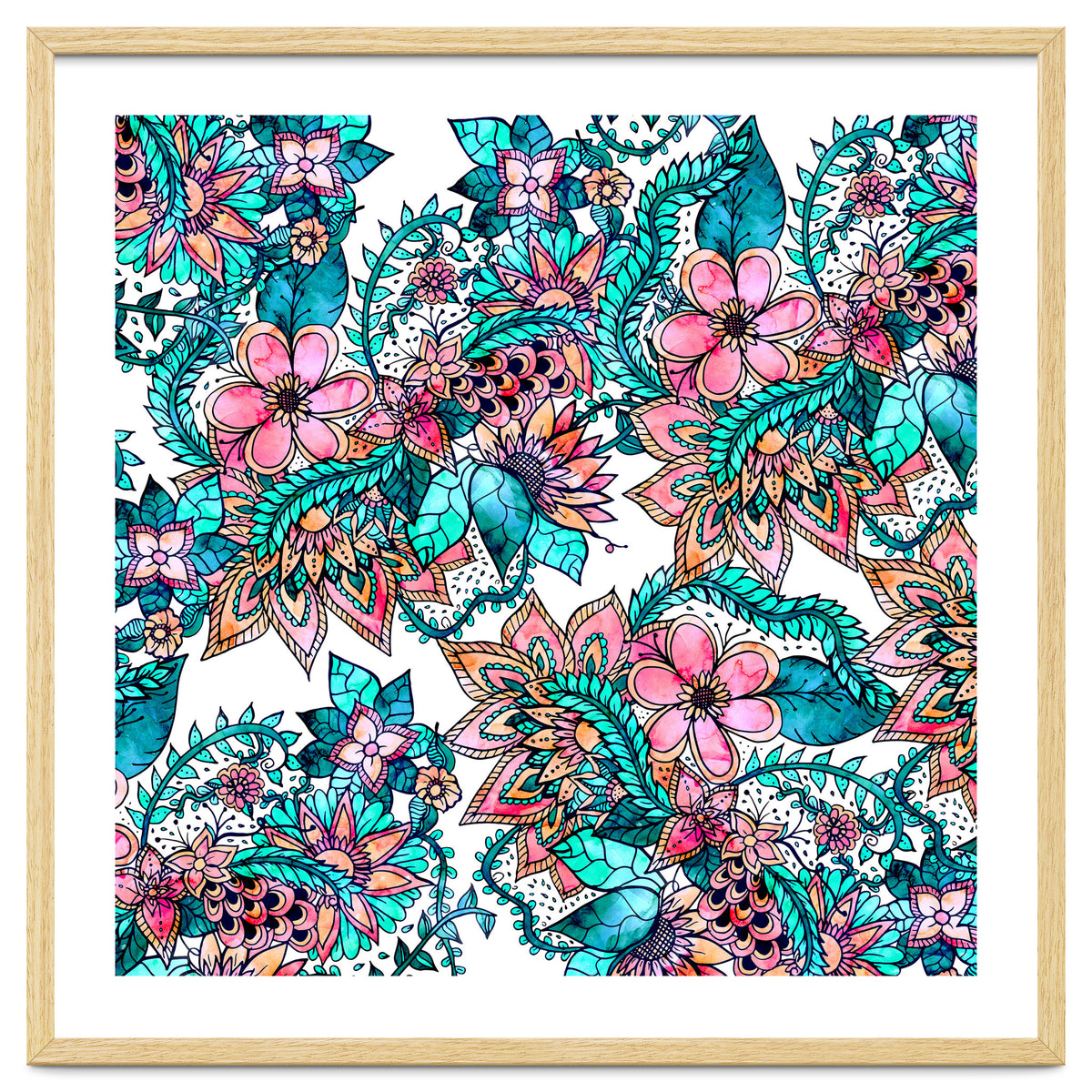 Boho turquoise pink floral watercolor illustration