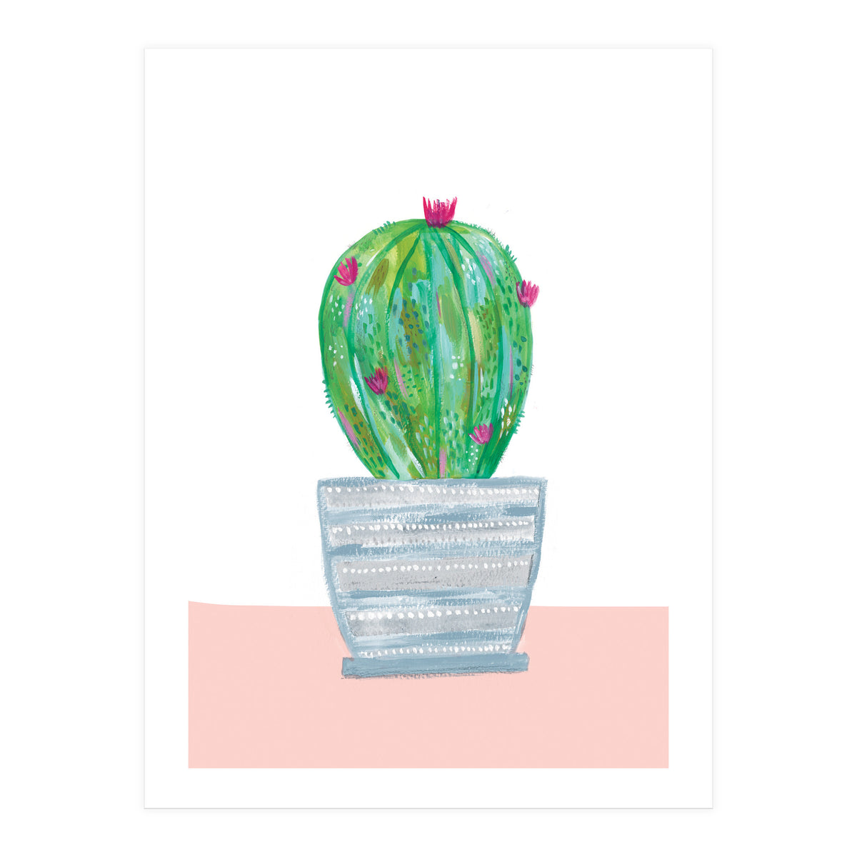 Painted Cactus In Blue Stripe Plant Pot (Print Only)