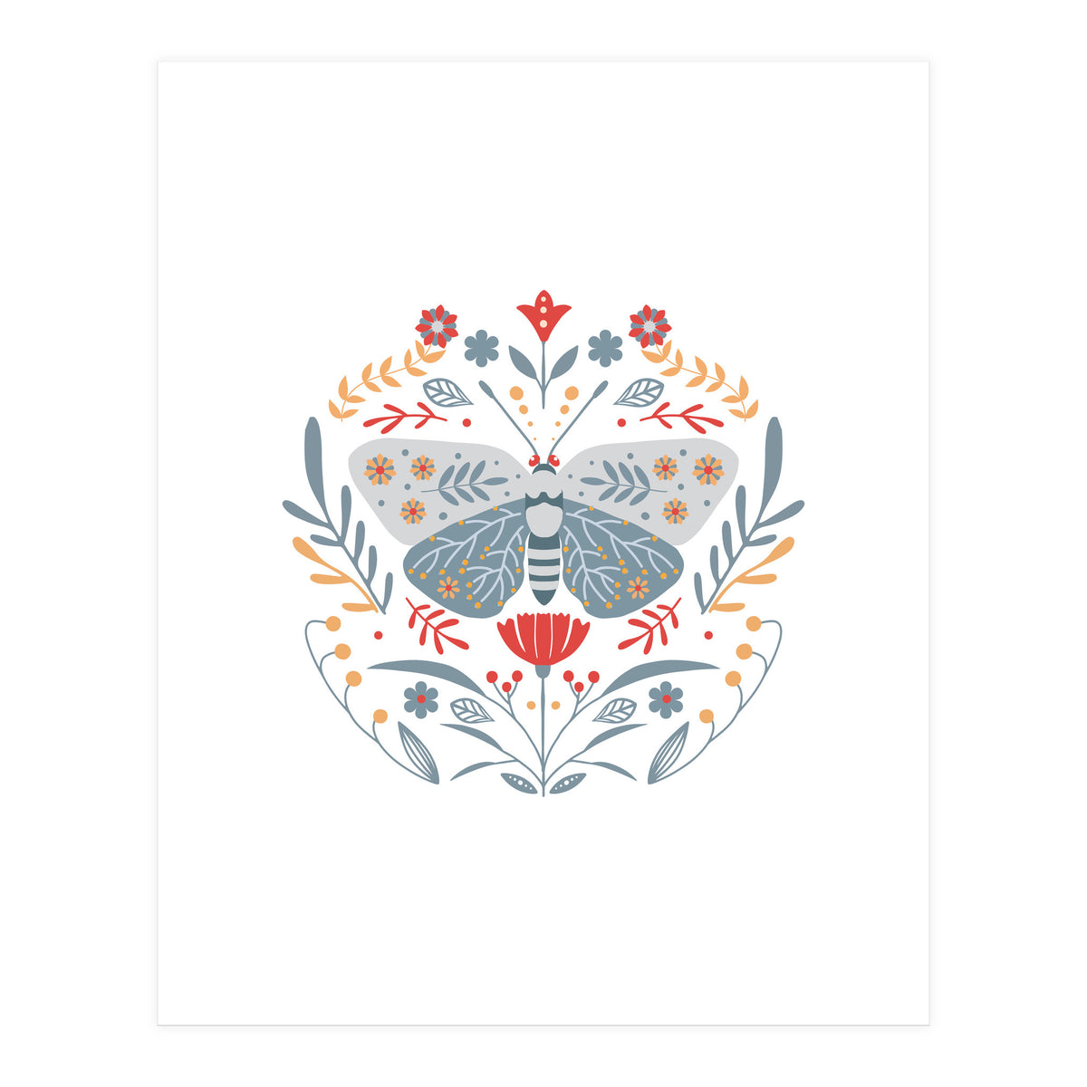 Scandinavian Folk Art: Butterfly & Flowers (Print Only) Art
