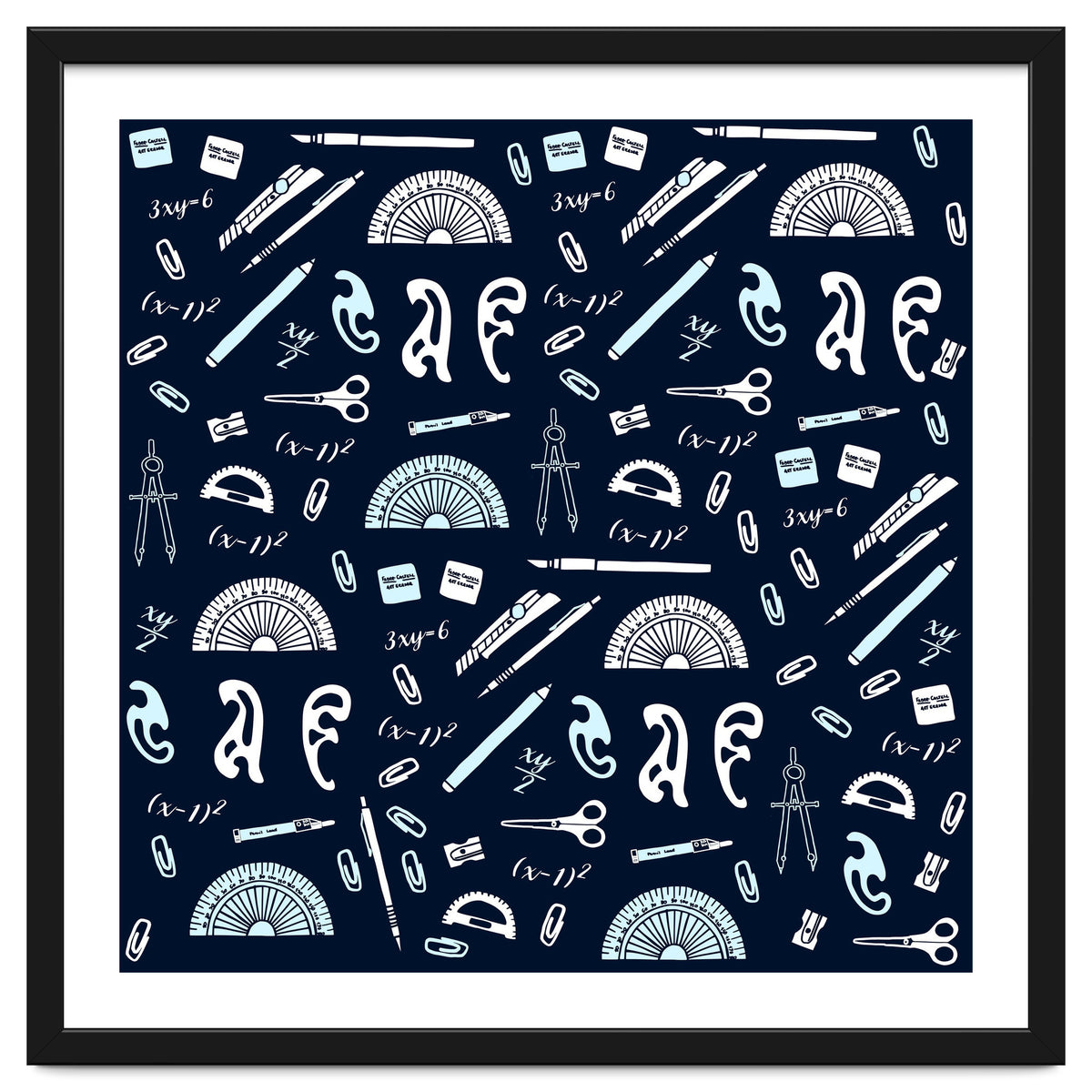 Mathematics and Geometry Pattern with protractors, mechanical pencils and erasers