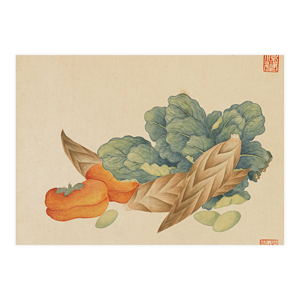 Wang Chengyu~flowers And Vegetables, Vegetables, Fruits, Chinese Cabbage, Lentils, Bamboo Shoots, Persimmons (Print Only)