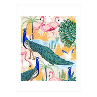 Utopia, Tropical Wildlife Animals, Flamingo Peacock Seagull Vintage Botanical Palm (Print Only)