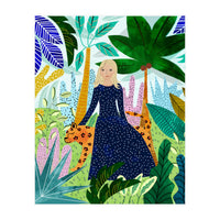 African Safari, Colorful Tropical Jungle Travel, Botanical Watercolor, Blonde Woman with a Leopard (Print Only)