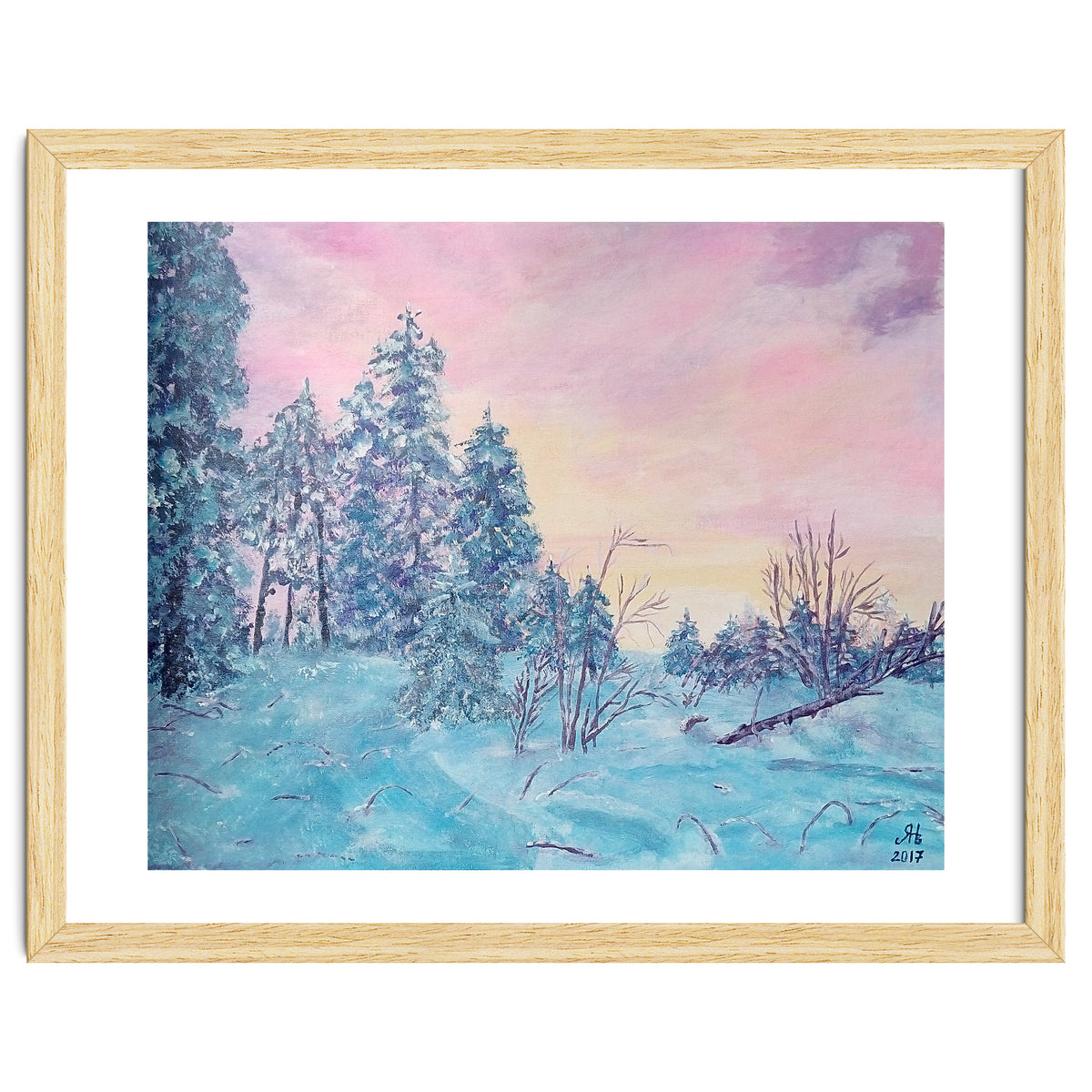 Pink sunrise in the winter forest