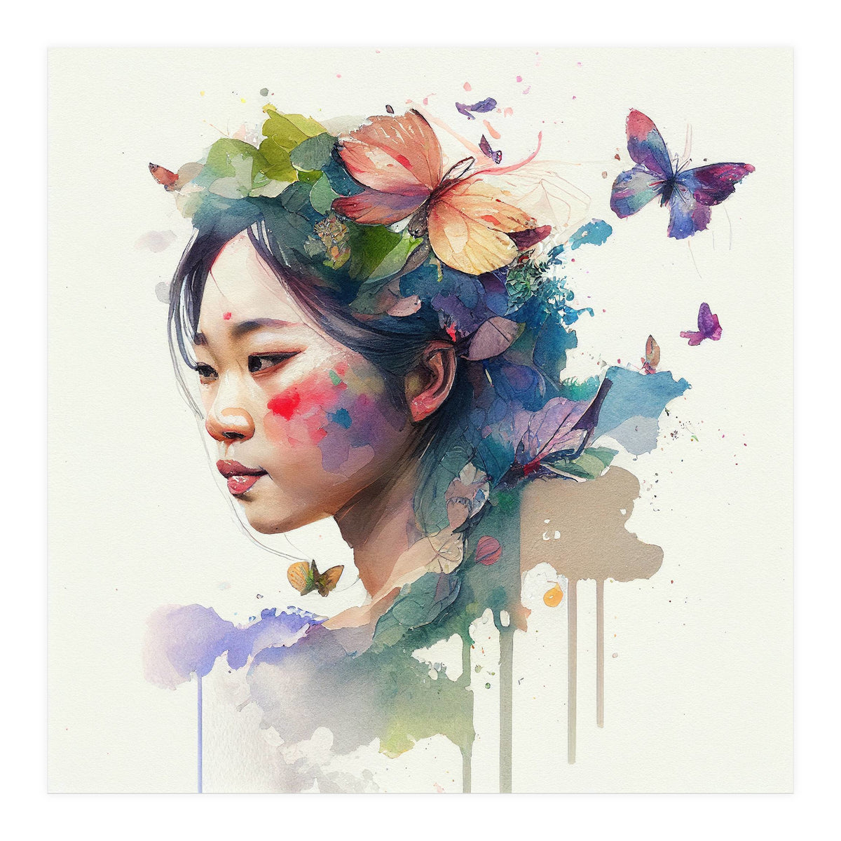 Watercolor Floral Asian Woman #7 (Print Only)