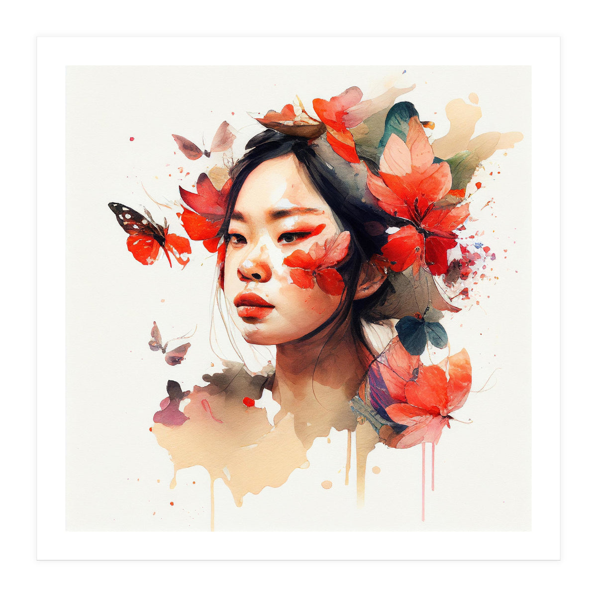 Watercolor Floral Asian Woman #5 (Print Only)