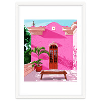 Pink Building Architecture | Pop Art Travel House Painting | Modern Bohemian Décor Spain Palace