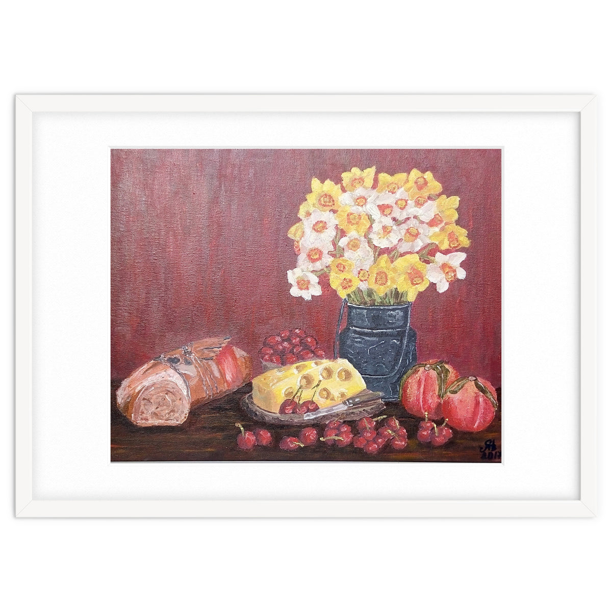 Still life with cheese, daffodils on a red background.