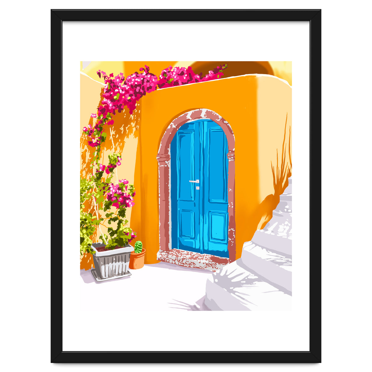Sunny Morocco, Summer Architecture Greece Travel Painting, Boungainvillea Tropical Floral