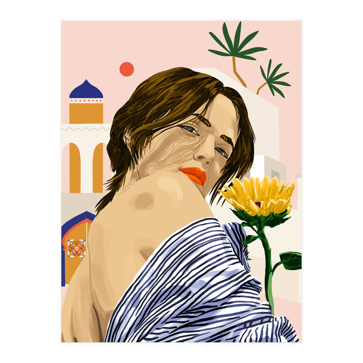 I Travel, I Become | Morocco Architecture Illustration, Bohemian Woman Tropical Sunflower Boho Palm  (Print Only)