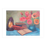 Still life with tulips, books and an old lamp. (Print Only) thumbnail