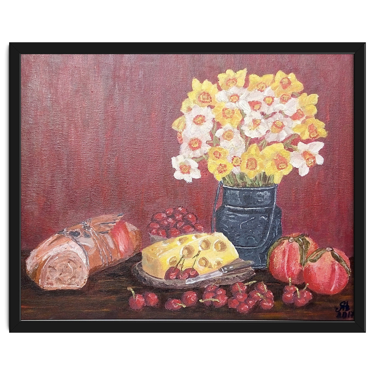 Still life with cheese, daffodils on a red background.