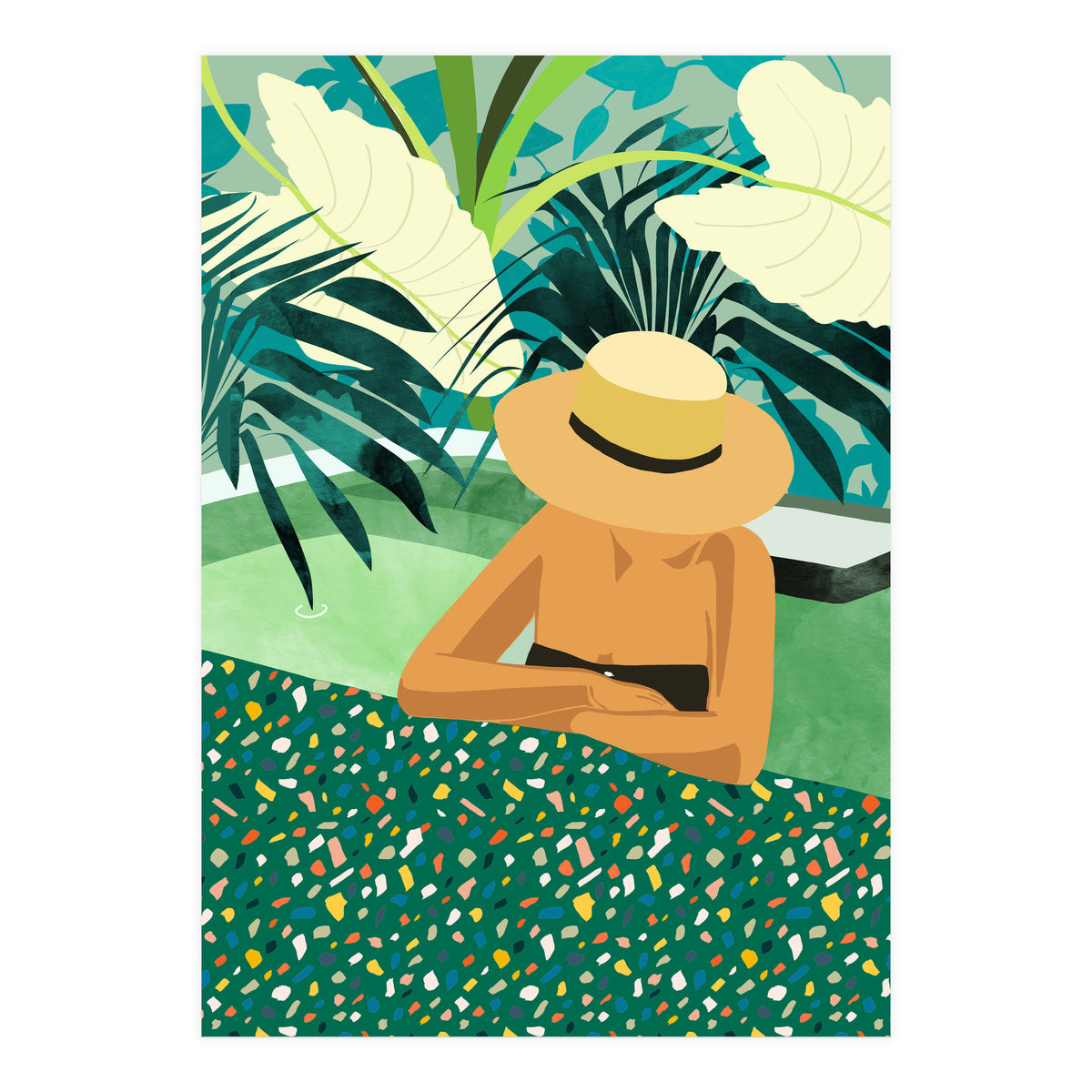 Chill, Modern Bohemian Black Woman Travel Illustration | Terrazzo Tropical Swimming Pool Fashion (Print Only)