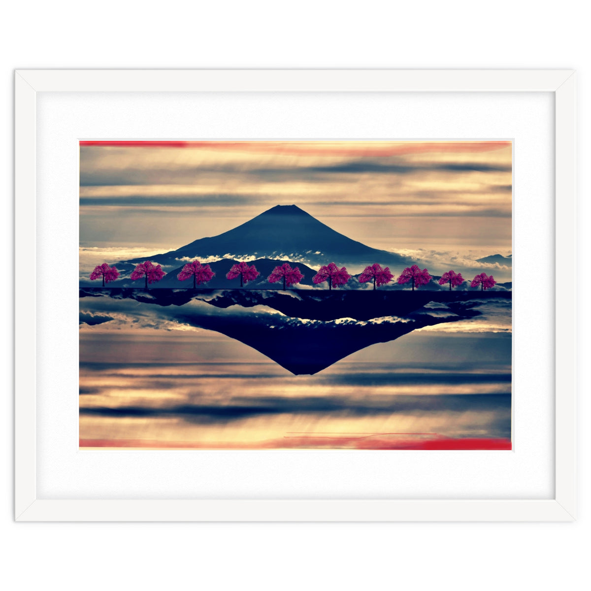 Reflection on Mount Fuji with cherry trees.