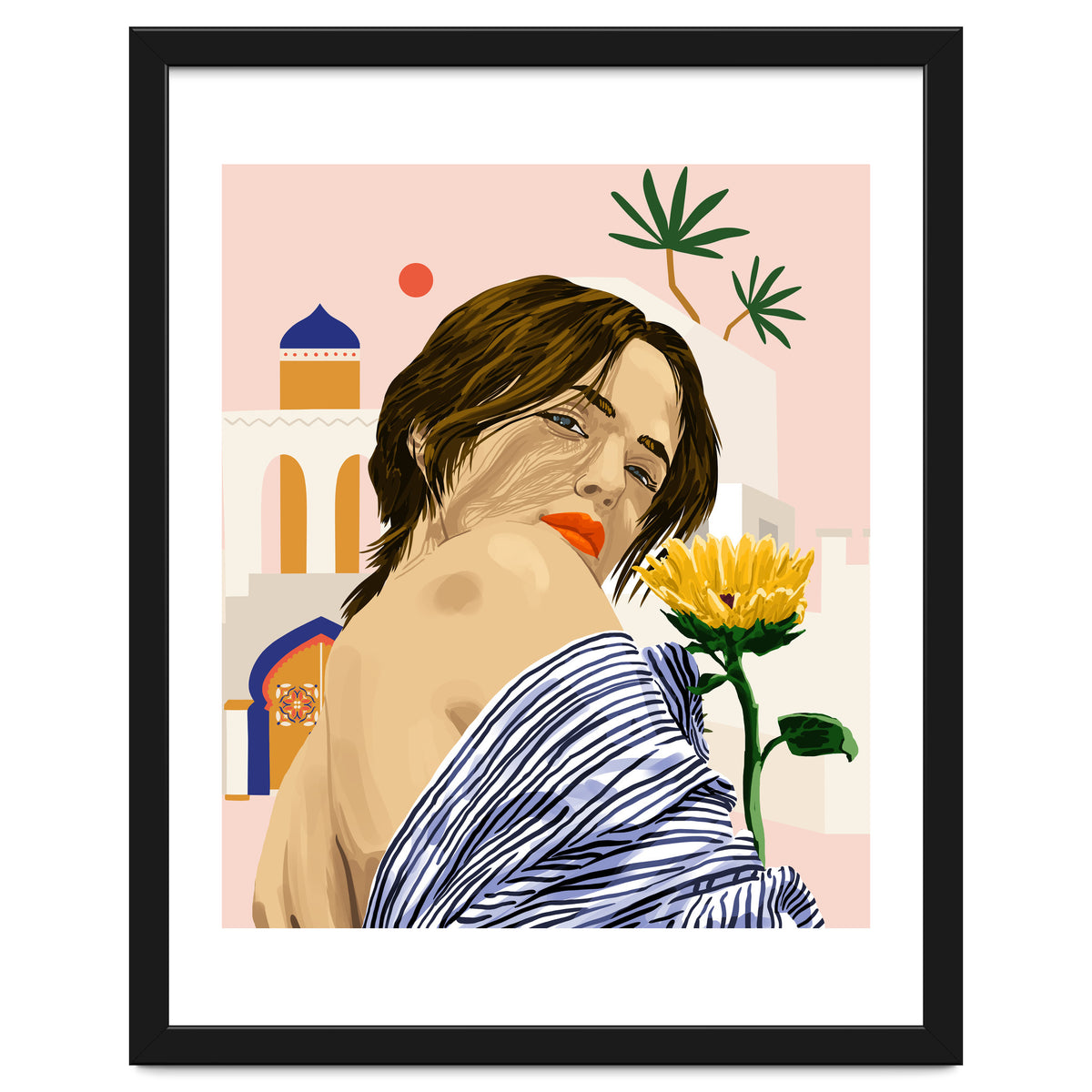 I Travel, I Become | Morocco Architecture Illustration, Bohemian Woman Tropical Sunflower Boho Palm