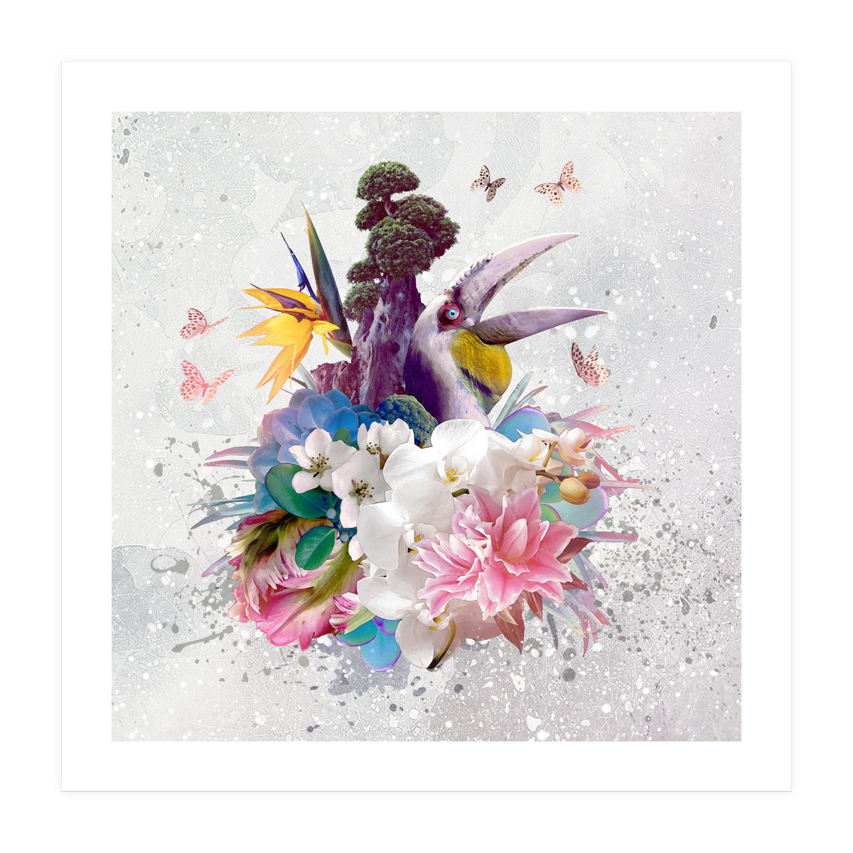 Floral Hornbill Grey  (Print Only)