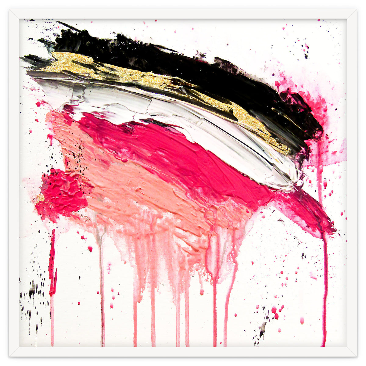 Modern Abstract Pink Black Gold Brushstrokes Splatters Acrylic