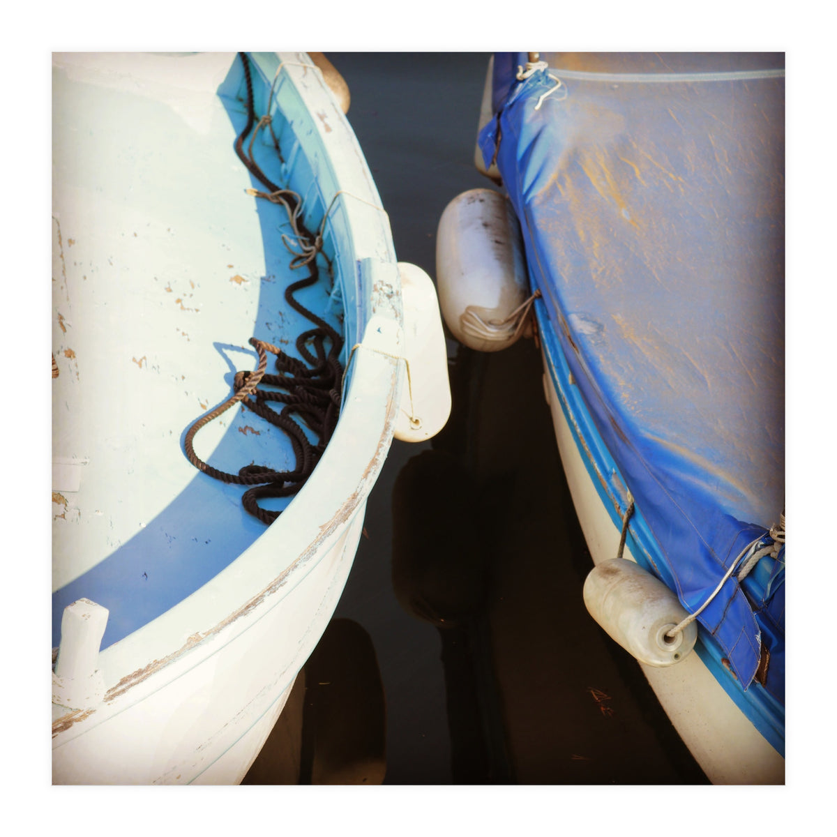 Blue and white wooden fishing boats (Print Only)