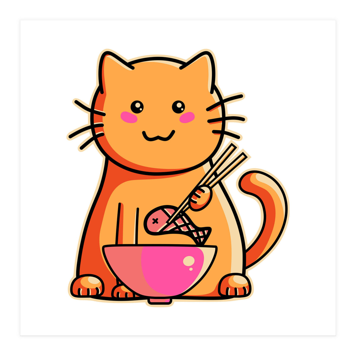 A Cat's Favourite Meal - kawaii cat eating fish with chopsticks (Print Only)