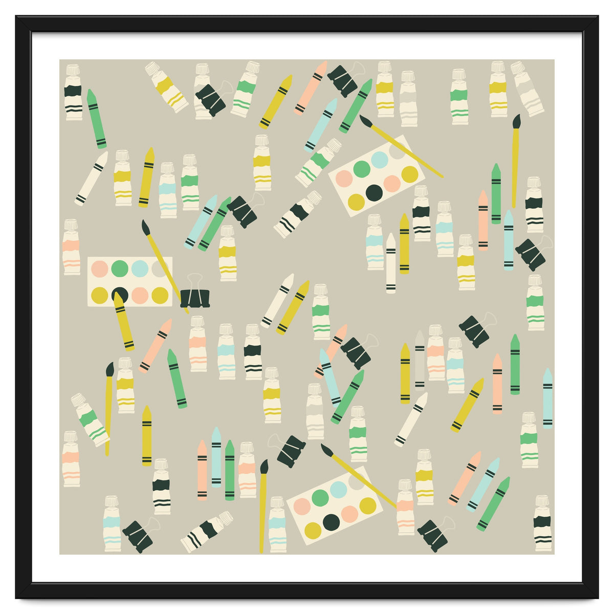 Artist pattern with crayons, watercolors and acrylic paint