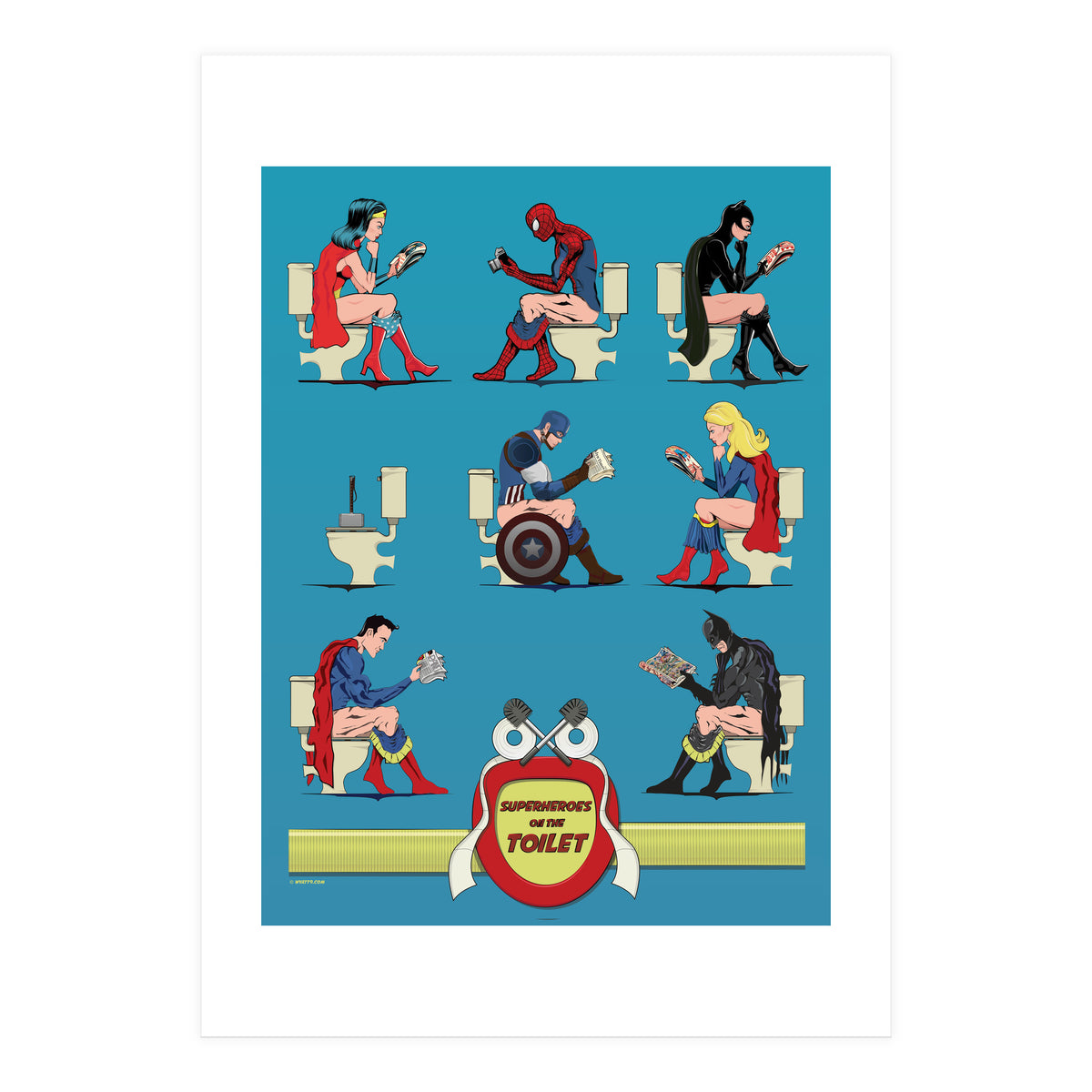 Superheroes on the Toilet, funny poo humour (Print Only)