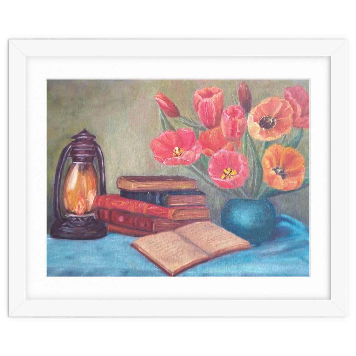 Still life with tulips, books and an old lamp.