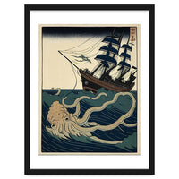 Giant Squid Attacking Ship Japanese Woodblock Print