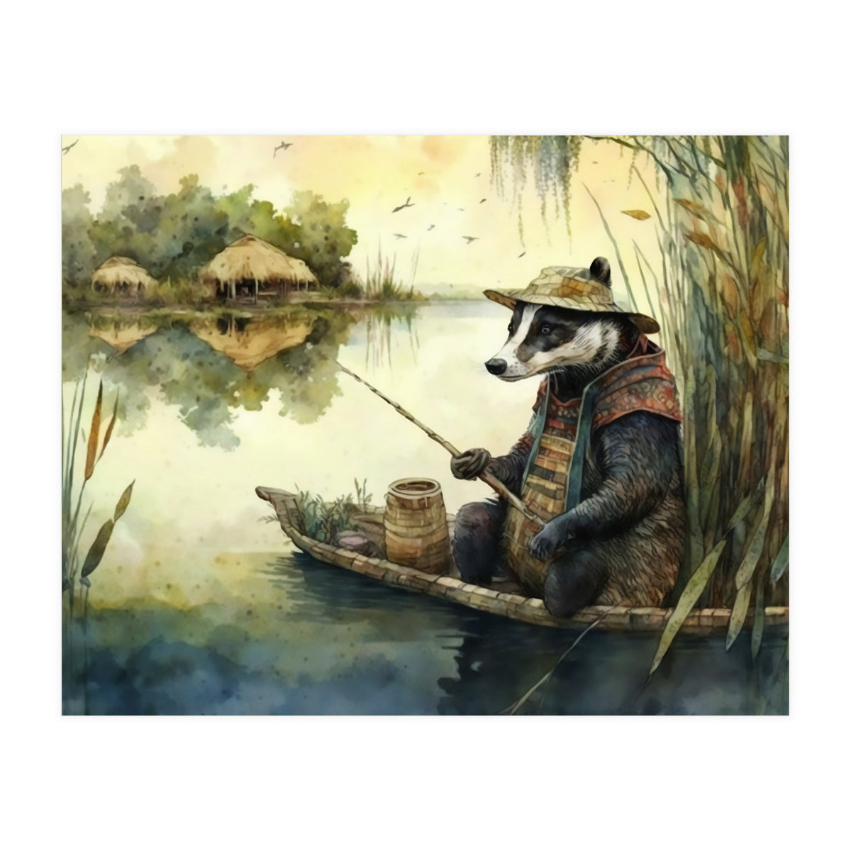 Badger Fishing Watercolor Painting (Print Only)