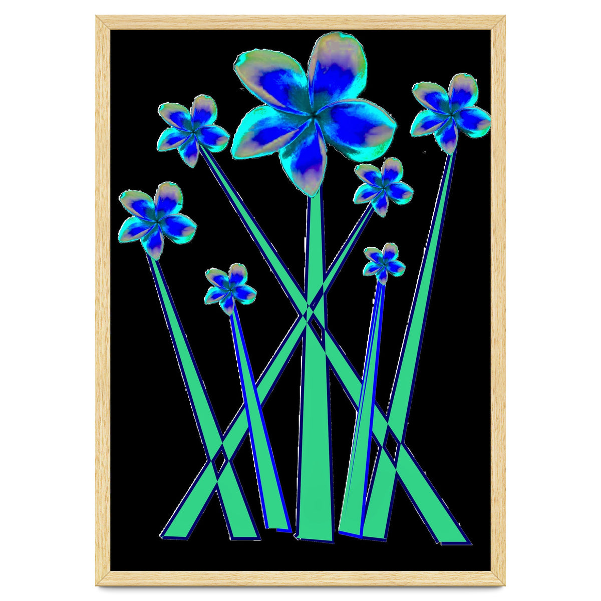 Blue flowers on black.