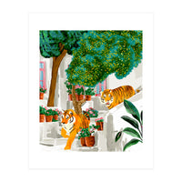 Tigers in Greece | Santorini Travel Architecture, Wildlife Animal Painting | Watercolor Illustration (Print Only)