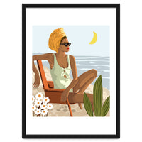 Moon Child, Beach Vacation, Black Woman Illustration Travel Ocean, Tropical Bohemian Fashion