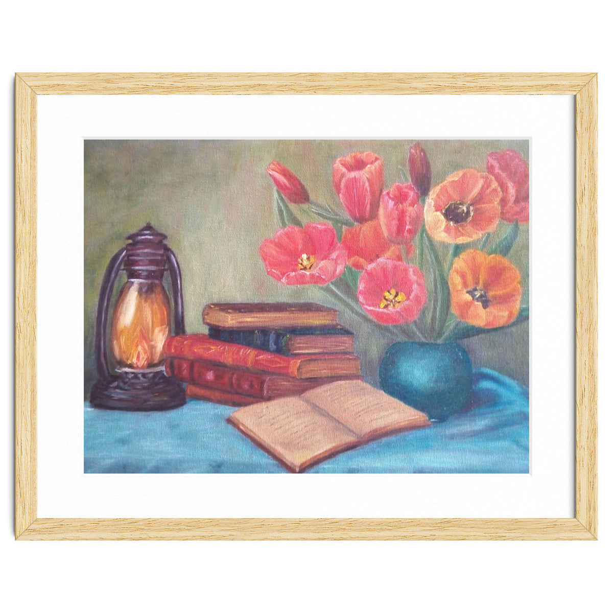 Still life with tulips, books and an old lamp.