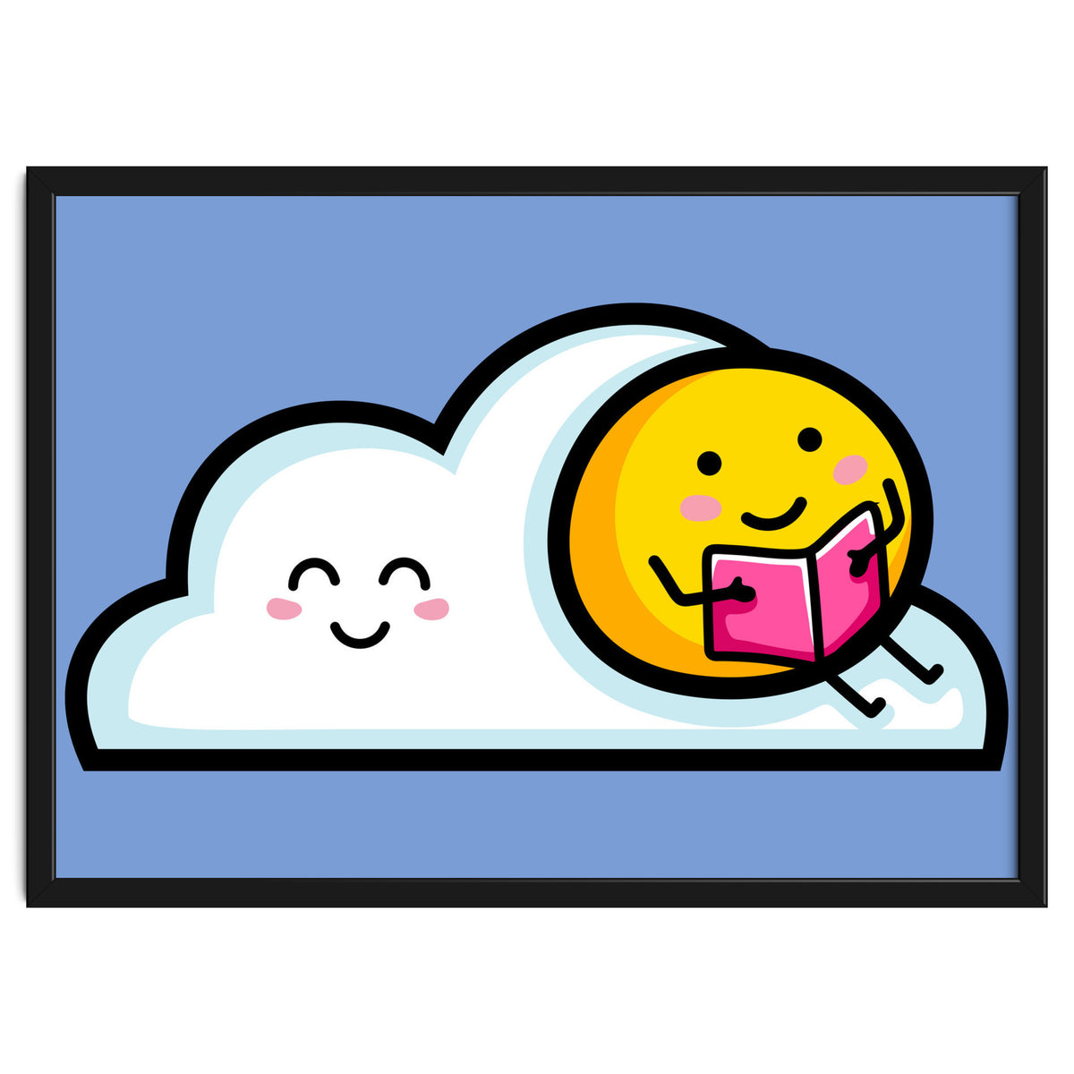 Kawaii Cute Sun Reading A Book On A Cloud