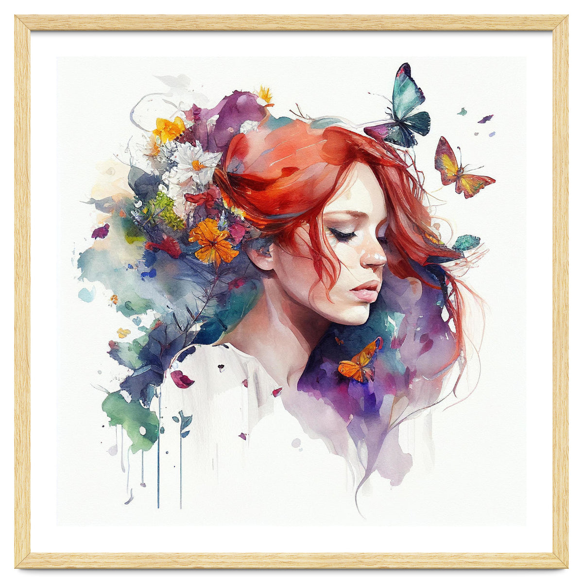 Watercolor Floral Red Hair Woman #1