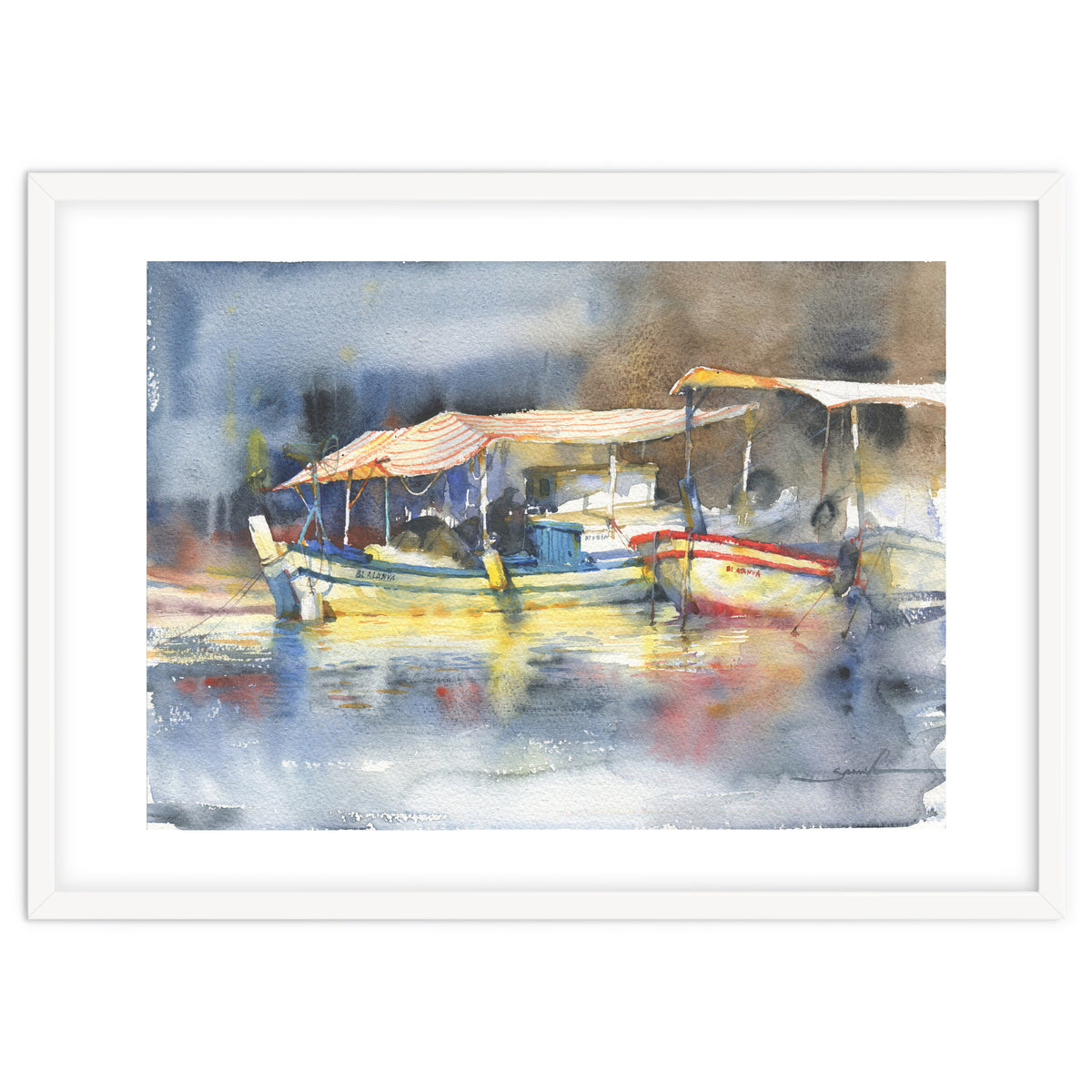 Yachts in the port. Watercolor art