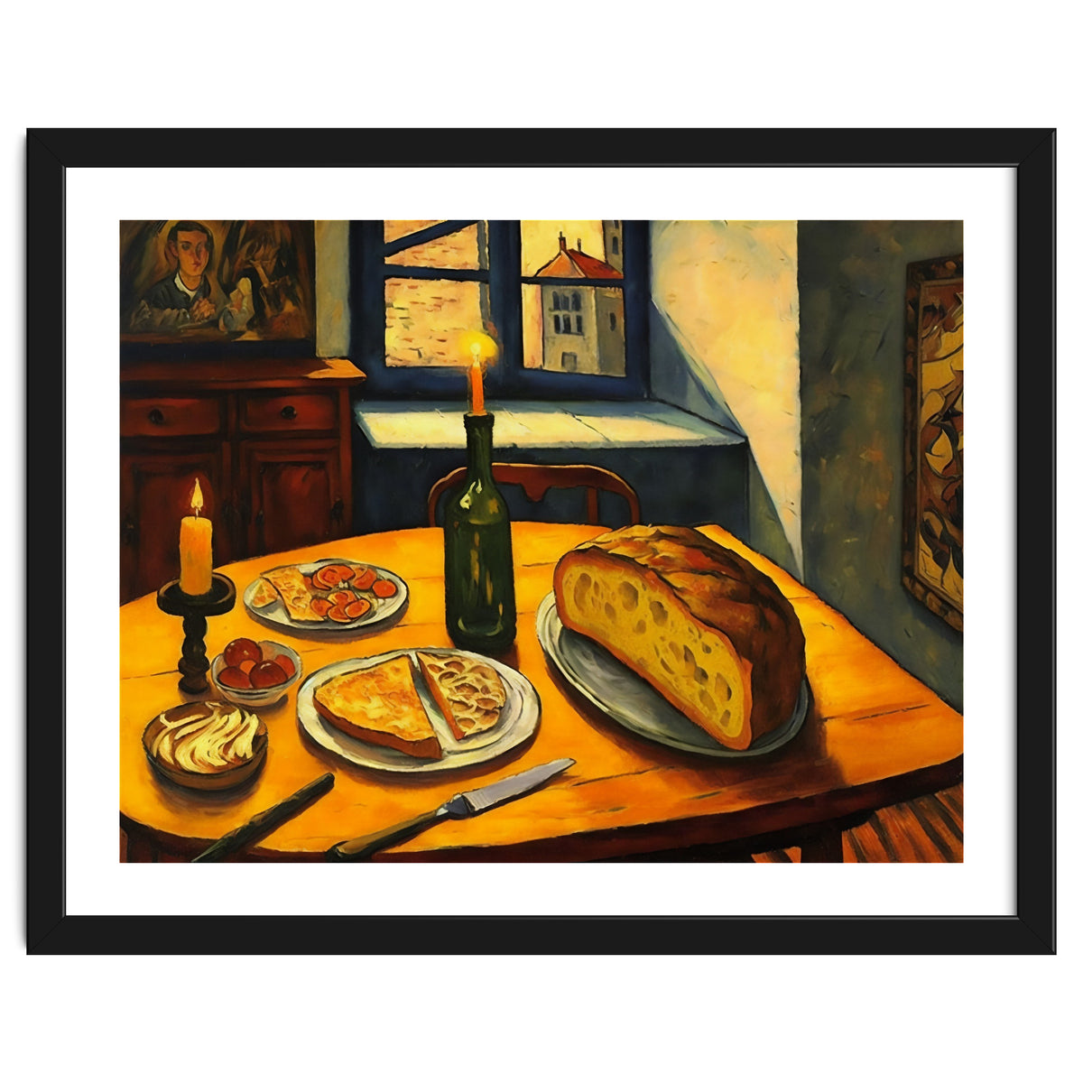 Table Setting of Bread and Cheese Oil Painting