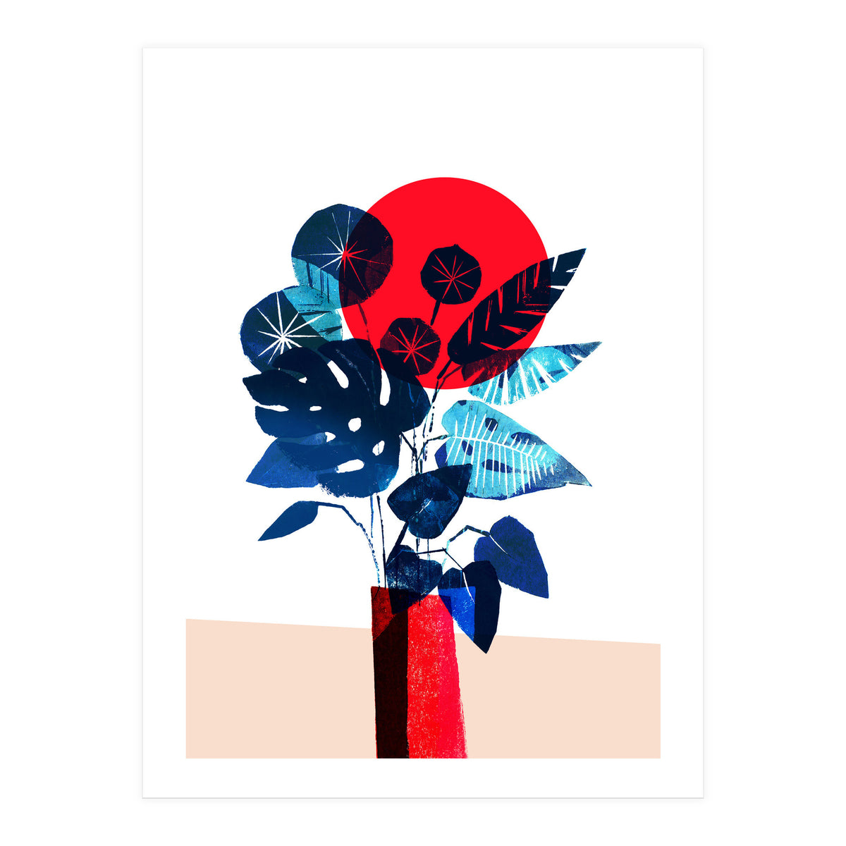 Blue Flowers in Red Vase (Print Only)