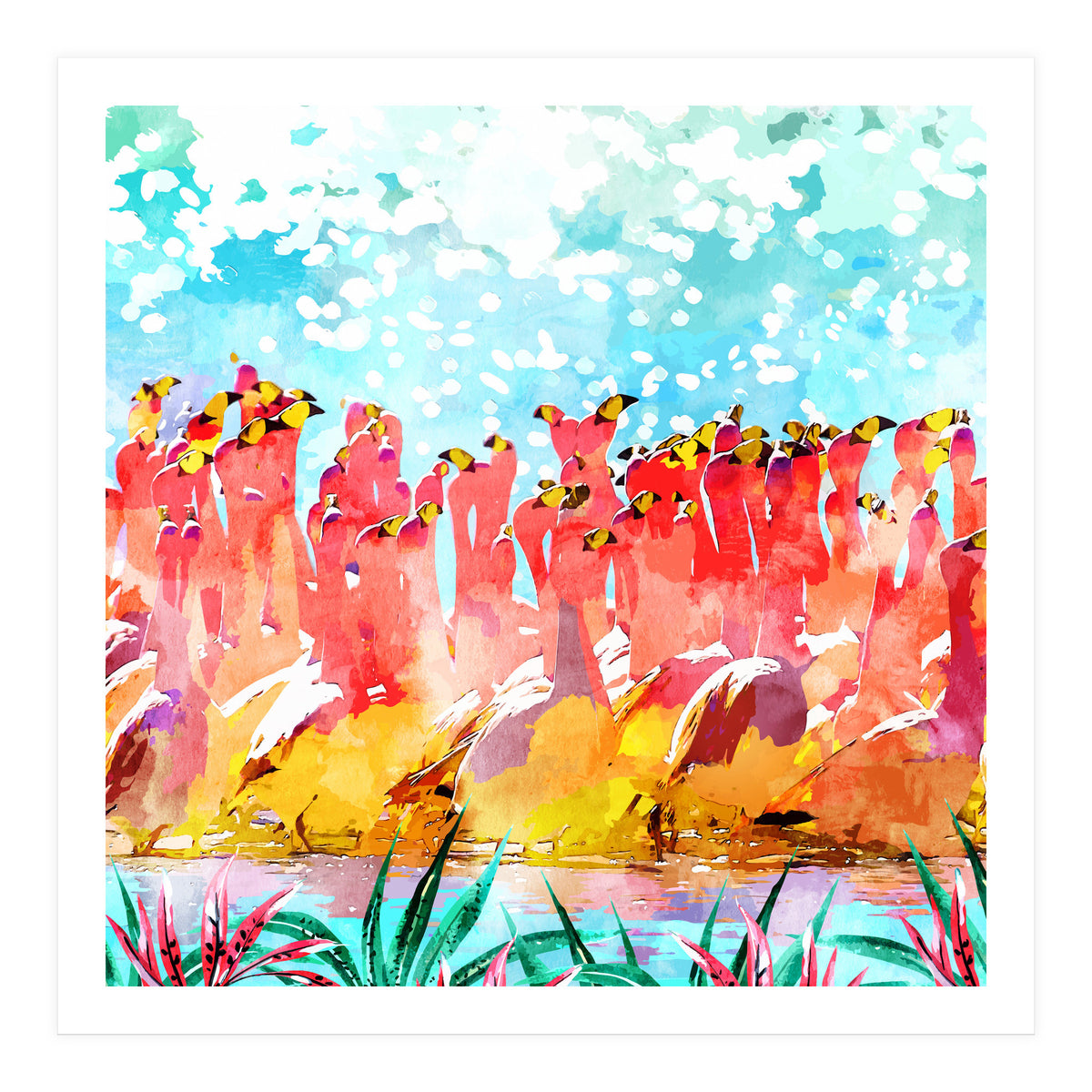 Save The Tropics Series Flamingo Flock Watercolor Painting (Print Only)