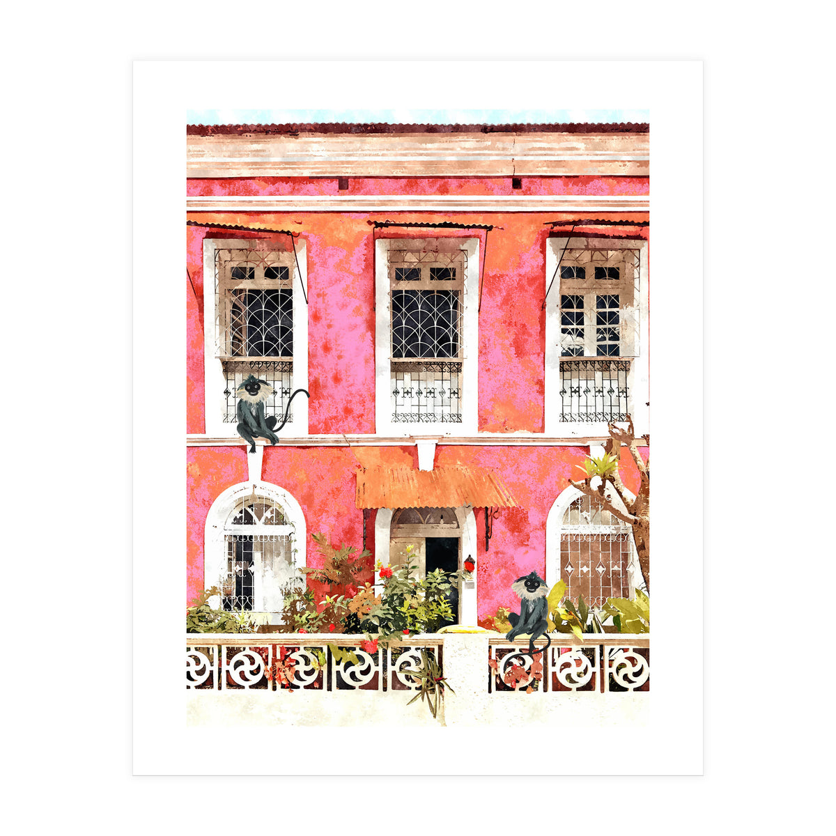 Monkey Business | Watercolor Tropical Goa Architecture Painting | Travel Pastel Pink Blush Building (Print Only)