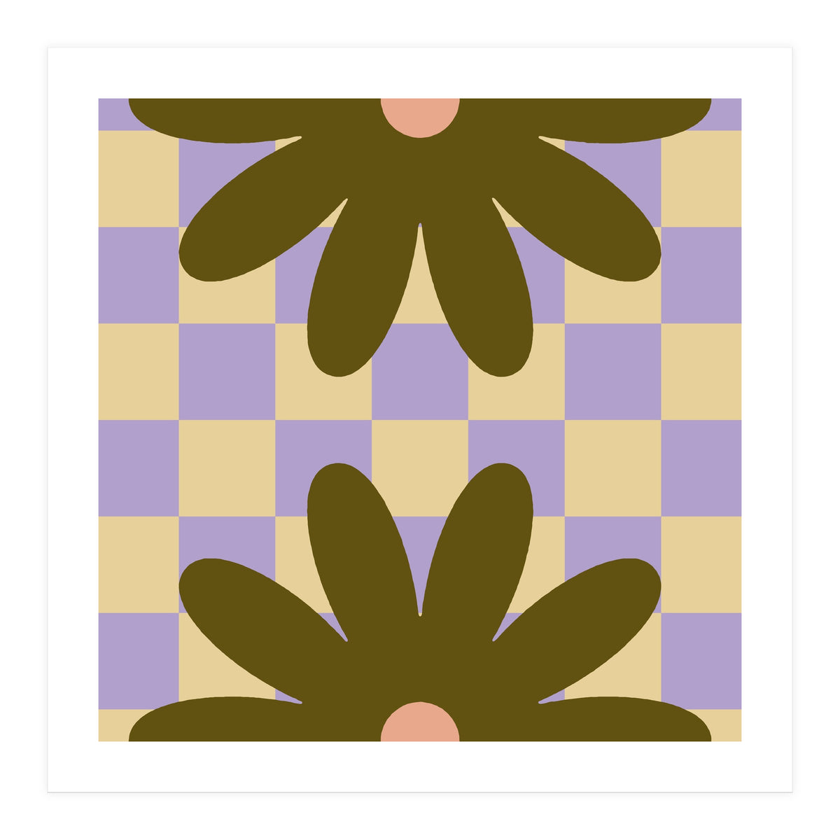 Retro Geometric Simple Flower on Checkerboard (Print Only)