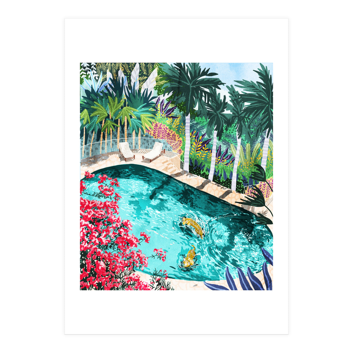 Luxury Tiger Villa illustration, Architecture Travel Nature Painting, Hotel Landscape Garden (Print Only)