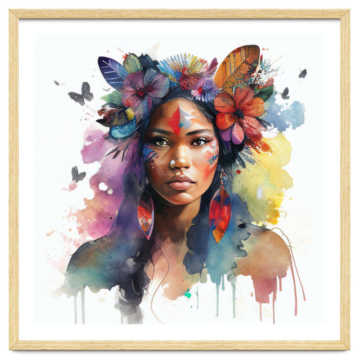 Watercolor Floral Indian Native Woman #1