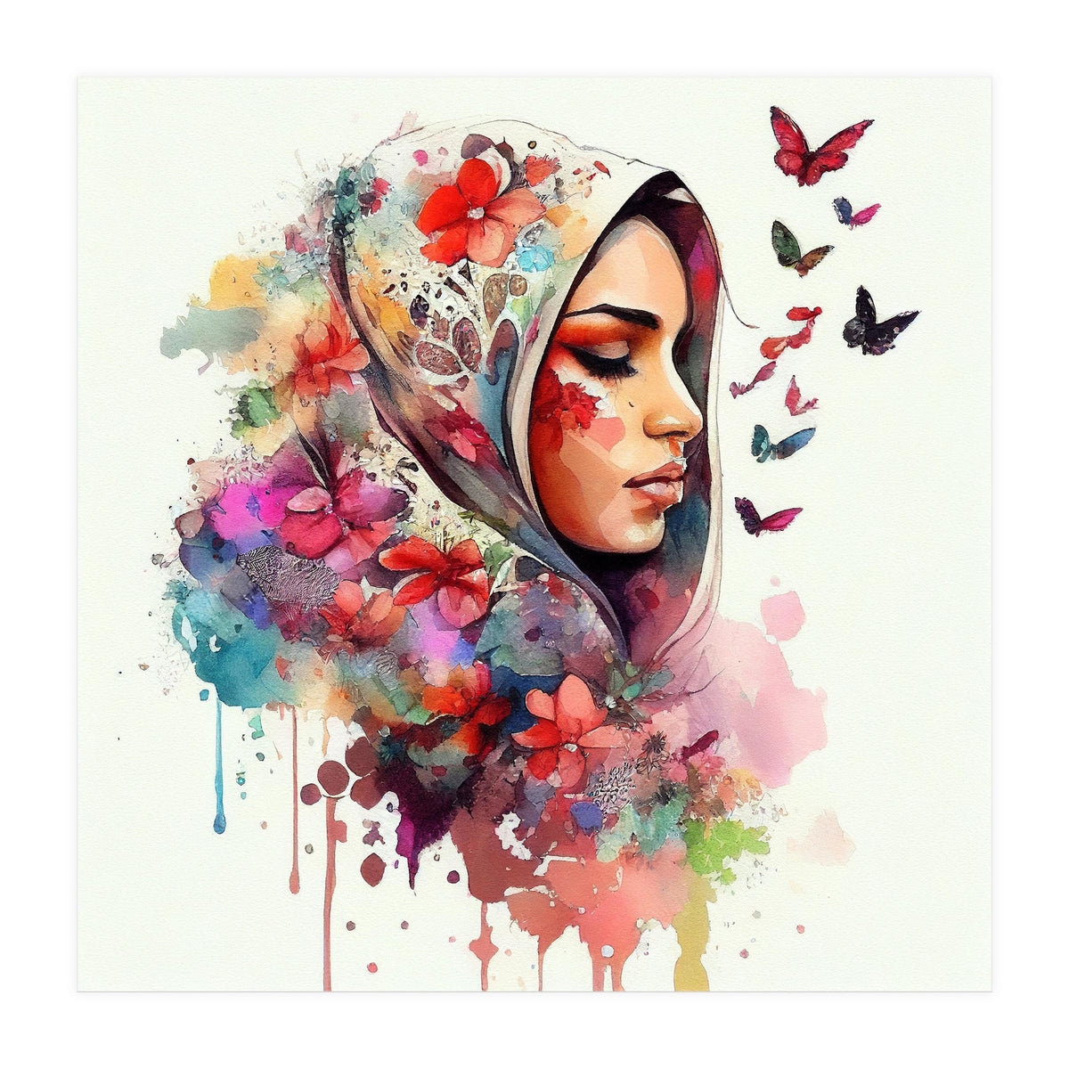 Watercolor Floral Muslim Arabian Woman #4 (Print Only)