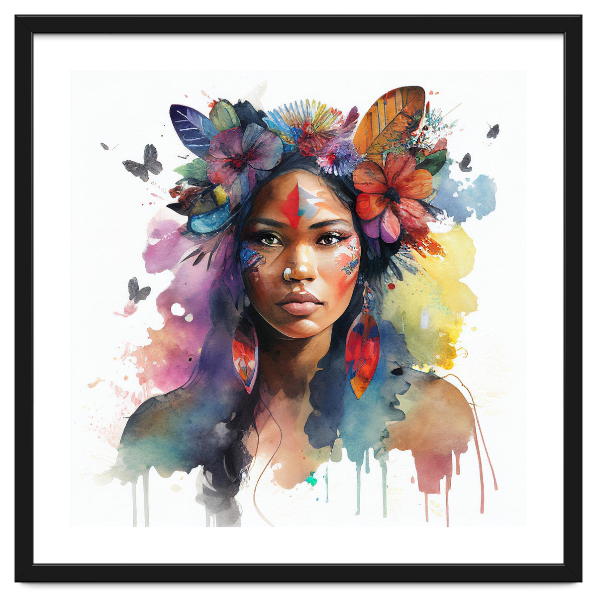 Watercolor Floral Indian Native Woman #1