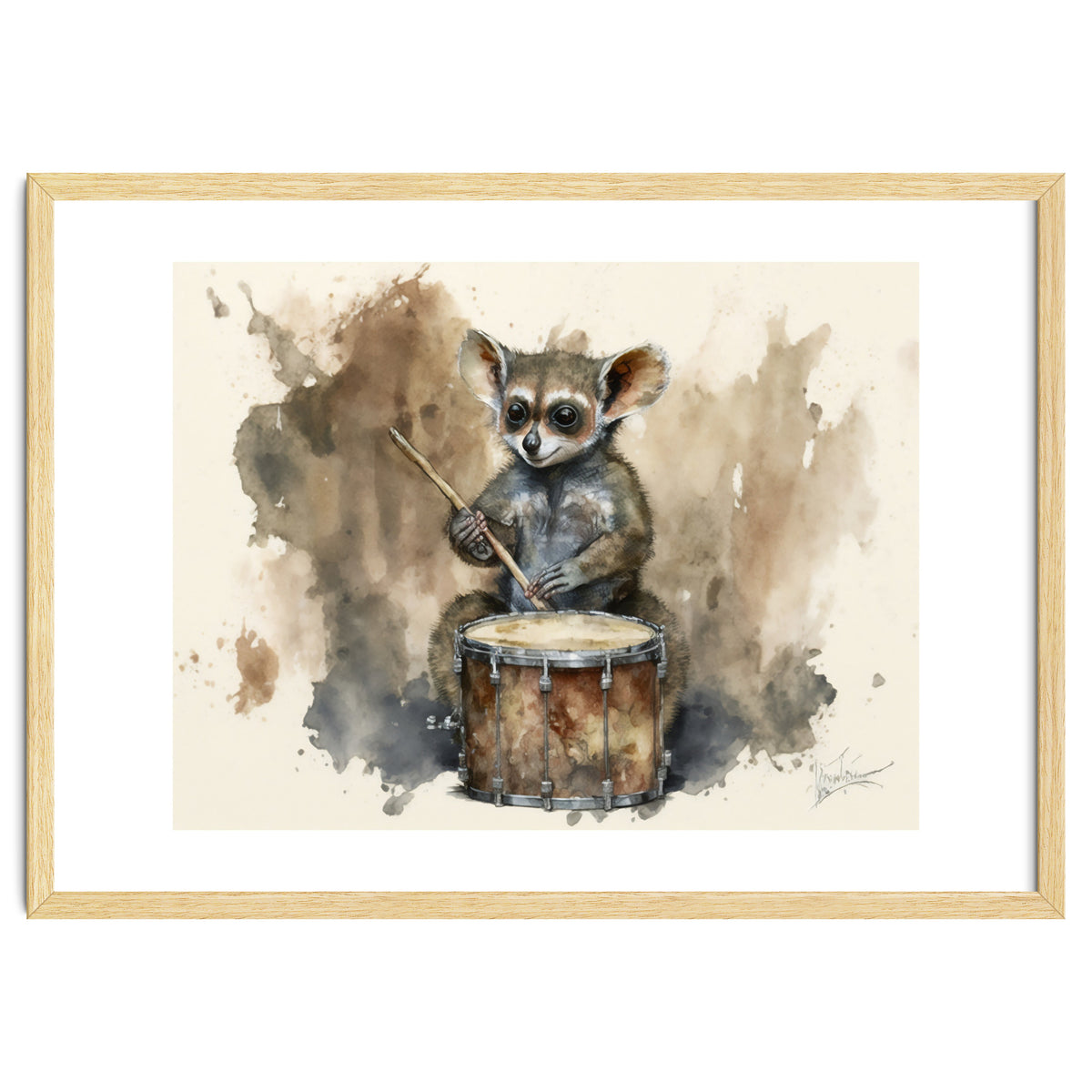 Bush Baby Playing Drum Watercolor Painting