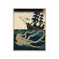 Giant Squid Attacking Ship Japanese Woodblock Print (Print Only)