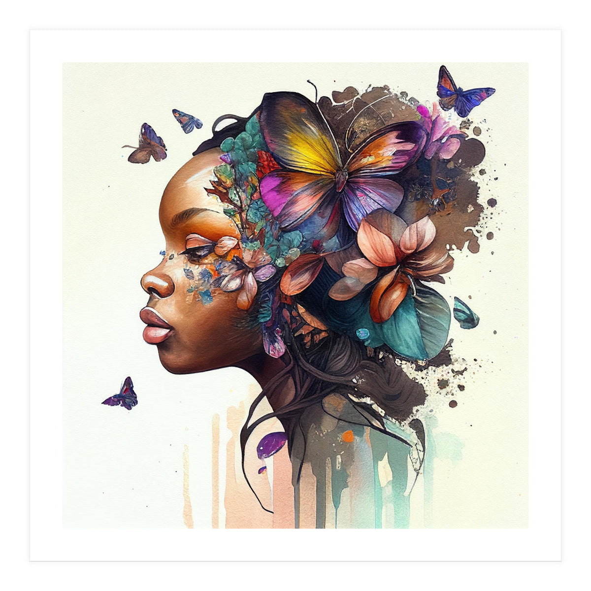 Watercolor Butterfly African Woman #8 (Print Only)