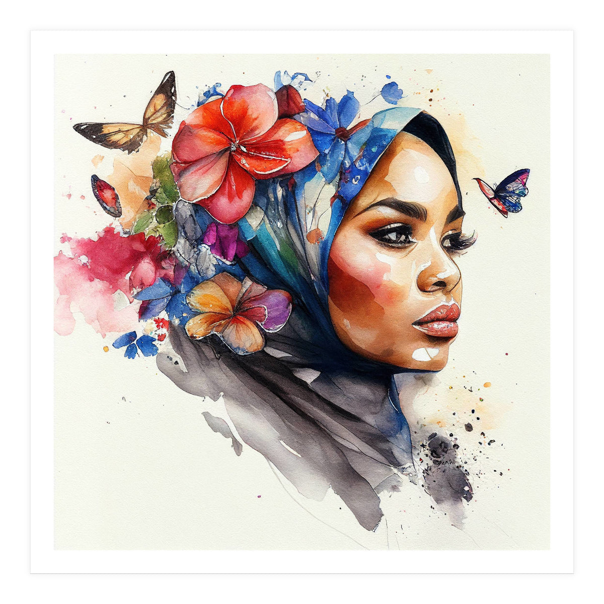 Watercolor Floral Muslim Arabian Woman #2 (Print Only)